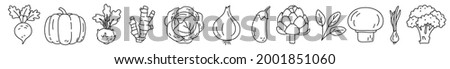 Vegetable sketch. Thin simple outline icon. Black contour line vector set. Beet, pumpkin, kohlrabi, ginger and cabbage. Onion, eggplant, artichoke, spinach, mushroom and broccoli Royalty-Free Stock Photo #2001851060