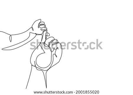 Single continuous line drawing parent hands holding newborn baby fingers. Close up mother’s hand holding their new born baby. Mother’s day concept. One line draw graphic design vector illustration