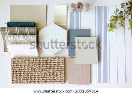 Dusty blue furniture board as an interior design mood board and interior architecture concept 