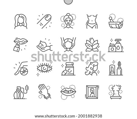 Aesthetics. Body care and manicure. Beautiful girl. Aromatherapy. Cosmetology, woman, beauty. Pixel Perfect Vector Thin Line Icons. Simple Minimal Pictogram Royalty-Free Stock Photo #2001882938