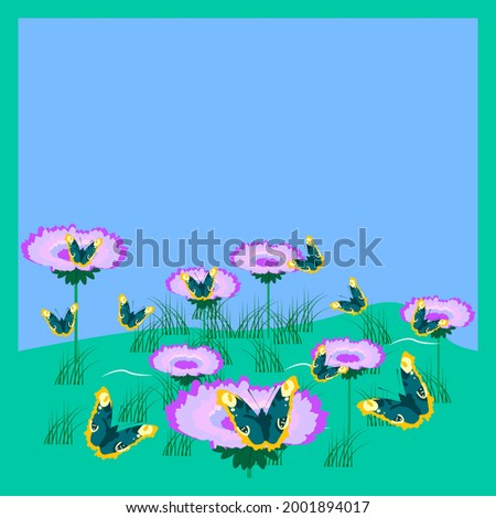 Vector illustration of a butterfly in a flower garden.