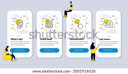 Vector Set of Education icons related to Checkbox, Approved award and Business statistics icons. UI phone app screens with people. Messenger line symbols. Vector