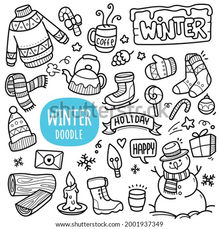 Doodle illustration of winter object and clothes such as sweaters, skis, socks, coffee, fireplace wood, snowman etc. Black and white line illustration.