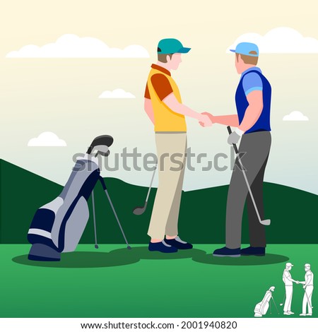 Golf and business with golf clubs on green grass, cartoon, silhouettes, bundle vector illustration. character in different position.	