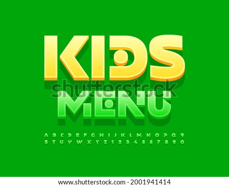 Vector cute template Kids Menu. Creative green Font. Abstract style Alphabet Letters and Numbers set