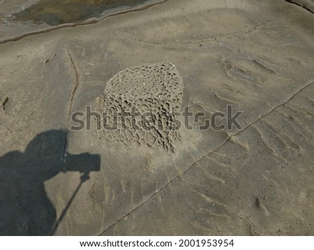 human shadow and weathered stone formation under the sun on beach