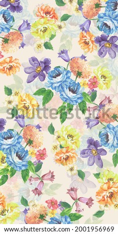 Watercolor flower pattern texture digital print. Floral batik pattern with leaf for textile printing.