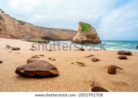  Wonderful landscape on the California coast of Shark Fin Bay, California. Photos from the beach with a focus on the rocks