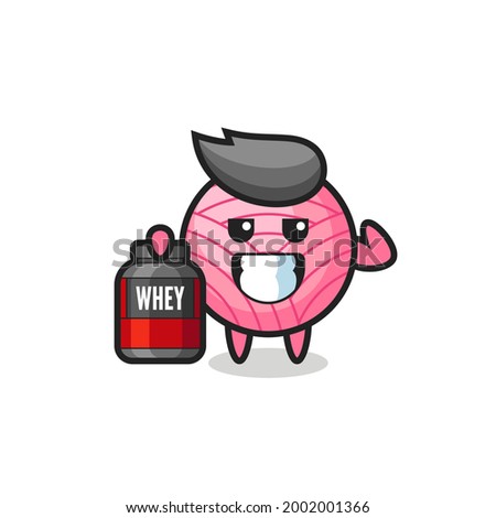 the muscular yarn ball character is holding a protein supplement , cute style design for t shirt, sticker, logo element
