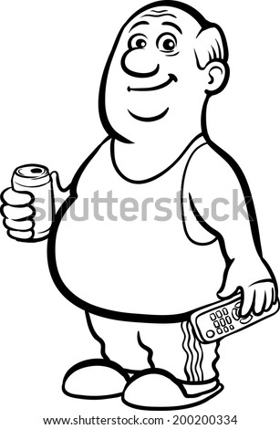whiteboard drawing - cartoon fat retired man with beer can and tv remote