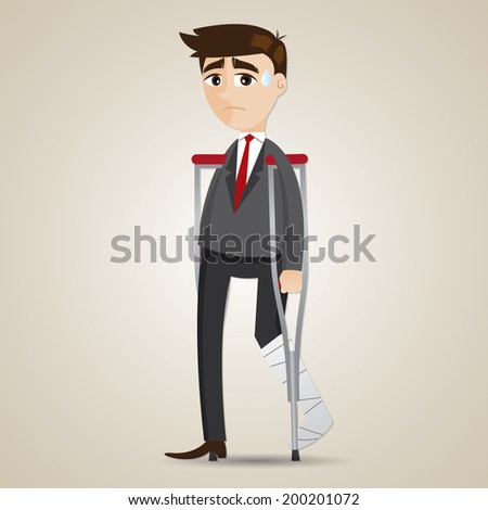 illustration of cartoon broken leg businessman with crutch