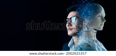 Artificial intelligence, futuristic digital technology human and robot face close up, digital smart world metaverse concept Royalty-Free Stock Photo #2002025357