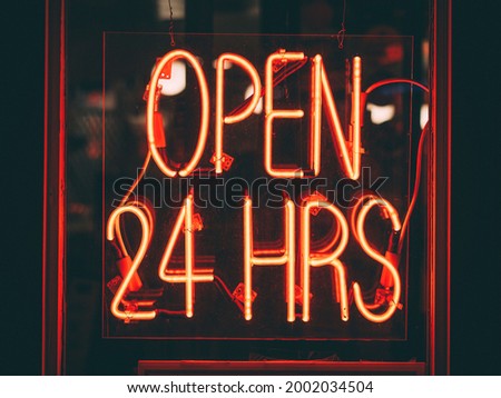 Open 24 hours neon sign, Upper East Side, Manhattan, New York City