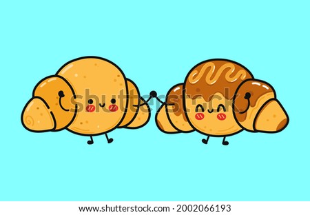Cute, funny happy croissant and chocolate croissant character. Vector hand drawn cartoon kawaii characters. Funny cartoon croissant mascot character concept. Croissant friends concept Royalty-Free Stock Photo #2002066193