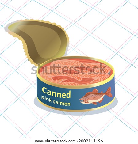 Canned fish. Tinned pink salmon. Fish dishes. Tin can with pink salmon fillet.