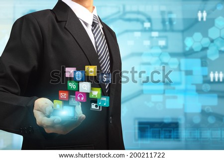 Mobile phones technology business idea concept, Business man using mobile smart phone creative modern networking colorful application icons information process diagram