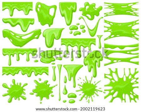 Cartoon slime dripping. Green sticky alien slime blobs, spooky halloween toxic slime dripping vector illustration set. Dripping green cartoon mucus. Drip and blob, slime green liquid, toxic splatter Royalty-Free Stock Photo #2002119623