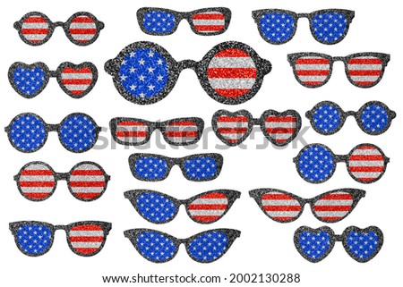 Glitter glasses in colors of American flag. Clip art patriotic kit on white background