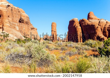 The unique beauty of Arches Park in USA. Picturesque red-brown sandstone cliffs form a unique landscape. Rock "Elephant". Grandiose rock compositions natural origin. 