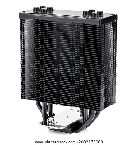 black modern tower cpu cooler isolated on white background. desktop air cooling unit cut out.