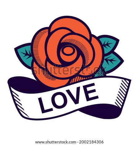 engrave vintage design of rose with ribbon for sticker, print, t-shirt, label 