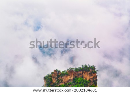 Amazing natural landscape with stone pillar quartz mountain in fog and clouds. Zhangjiajie National park. Famous tourist attraction in Wulingyuan, Hunan, China