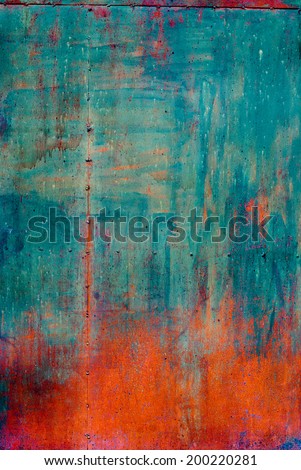 Rusty Colored Metal with cracked paint, grunge background, Blue and Orange Royalty-Free Stock Photo #200220281