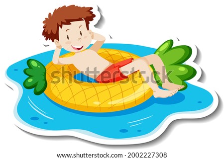 A sticker template with a teenager boy laying on swimming ring illustration