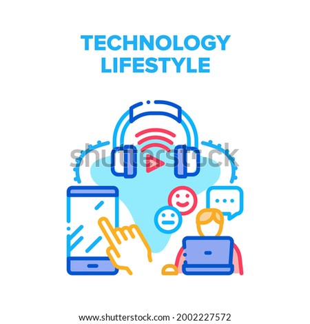 Technology Digital Lifestyle Vector Icon Concept. Technology Digital Lifestyle, User Using Laptop For Internet Communication, Smartphone And Headphones For Listening Music Color Illustration