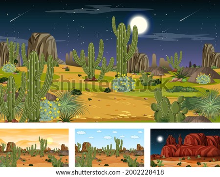Different desert forest scenes with animals and plants illustration