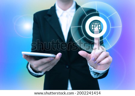 Lady In Uniform Standing Holding Phone In Hand Pressing Virtual Globe Button, Bussiness Woman Carrying Mobile Poining For New Futuristic Technologies.