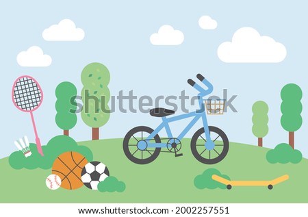 Bike and sports balls, badminton racket and shuttlecock on park background. flat design style minimal vector illustration.