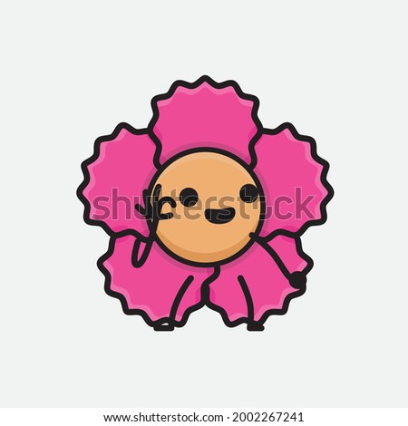 Vector Illustration of Flower Character with cute face, simple body line drawing on Isolated Background.