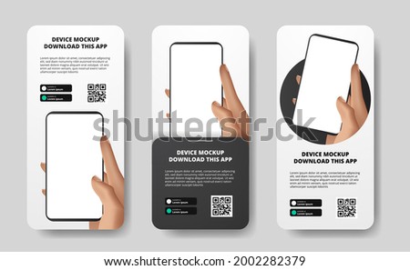 social media stories banner advertising for downloading app for mobile phone, hand holding smartphone. Download buttons with scan qr code template. 3D perspective phone Royalty-Free Stock Photo #2002282379