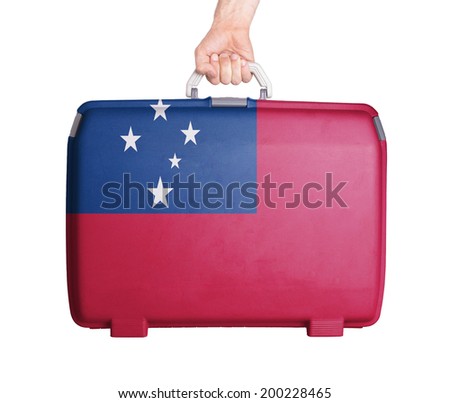Used plastic suitcase with stains and scratches, printed with flag, Samoa
