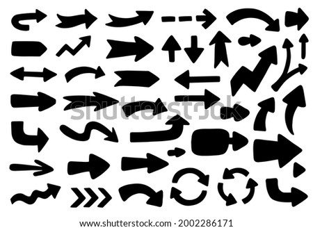 Vector set of black silhouettes of arrows. Hand-drawn, doodle elements isolated on white background.