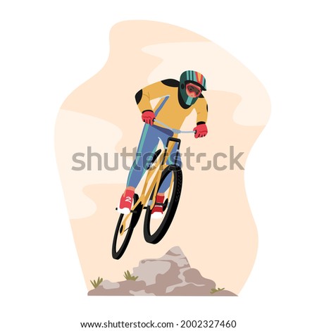 Cyclist Sportsman Character in Sports Wear and Helmet Riding Mountain Bike, Outdoor Summer Extreme. Bicycle Active Sport Life and Healthy Lifestyle, Bike Rider Competition. Cartoon Vector Illustration