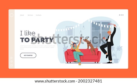 Young Characters Celebrate Home Party Landing Page Template. People Sitting at Couch in Living Room with Funny Dog, Drinking Cocktails. Friends Spare Time, Celebration. Cartoon Vector Illustration