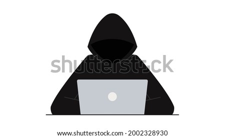 Hacker attack. Fraud with user data on social networks. Internet phishing, hacked password. Cybercrime and crime. A thief on a website online on the internet. The criminal behind a laptop, computer Royalty-Free Stock Photo #2002328930