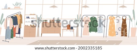 Modern showroom interior with fashion accessories and clothes on hanger racks and shelves. Inside empty boutique shop with furniture and stuff. Horizontal flat vector illustration of retail store Royalty-Free Stock Photo #2002335185