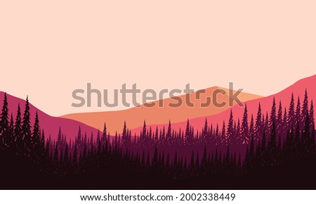 An extraordinary panoramic silhouette of mountains with forests in the afternoon from the edge of the city. Vector illustration of a city