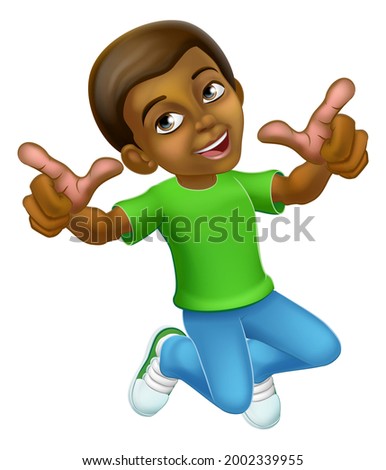 A happy boy kid child cartoon character pointing and jumping