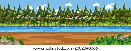 Panorama landscape scene with river through the forest illustration