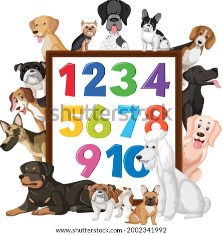 Number 0 to 9 on banner with many different types of dogs illustration