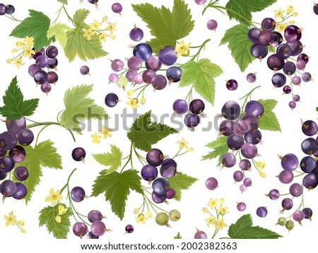 Seamless black currant pattern with summer berries, fruits, leaves, flowers background. Watercolor vector illustration for spring cover, tropical wallpaper texture, backdrop, wedding invitation Royalty-Free Stock Photo #2002382363