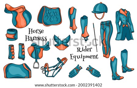 Big set of equipment for the rider and ammunition for the horse illustration in cartoon. Saddle, blanket, whip, clothing, saddle cloth, protection. Collection for design and decoration.