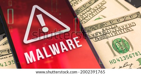 Malware screen on mobile phone, close-up, firewall and computer personal data protection concept photo