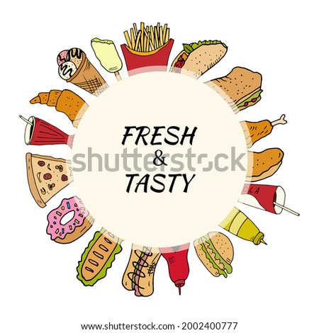 Hand drawn set with fast food. Vector illustration in the style of a sketch. Fast food restaurant and fast food menu.
