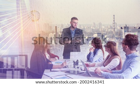 Double exposure of colleagues at business meeting and modern city. Concept of business consulting