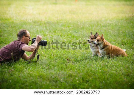 Young man making a photo of welsh corgi pembroke dogs with a professional dslr camera